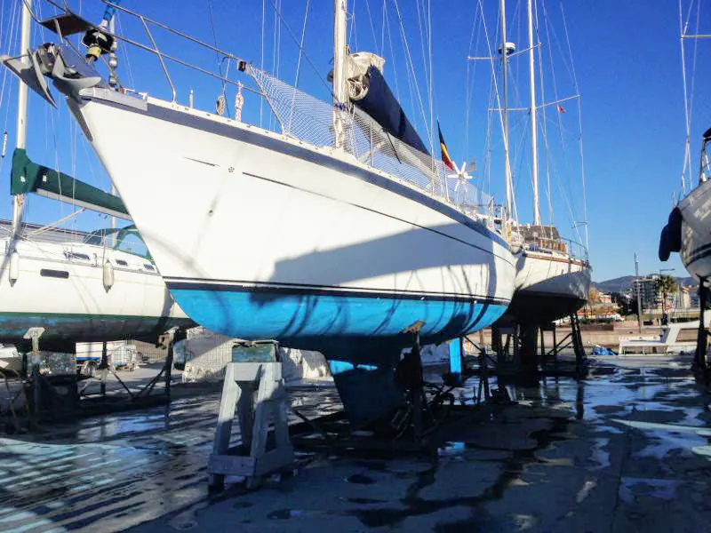 Sailing yacht ashore for hull inspection